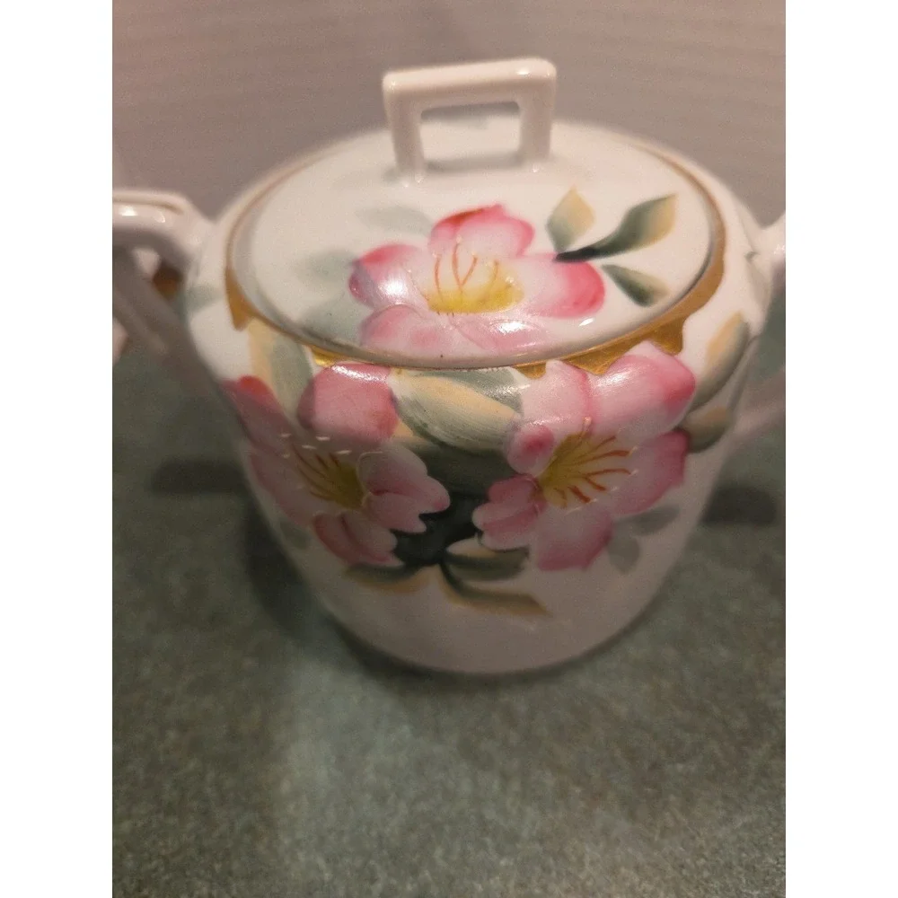 Vintage Noritake AZALEA Sugar Bowl w/ Lid & Creamer Hand Painted Pink Flowers